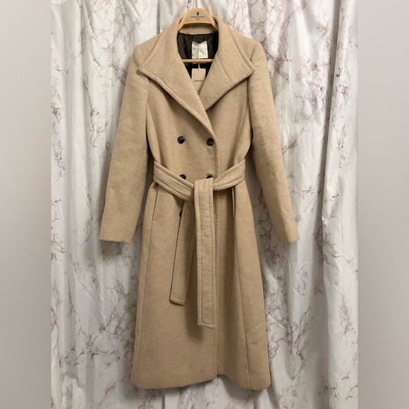 Mango Menteco Wool Blend Double Breasted Tailored Classic Tan Belted Coat - Picture 7 of 11